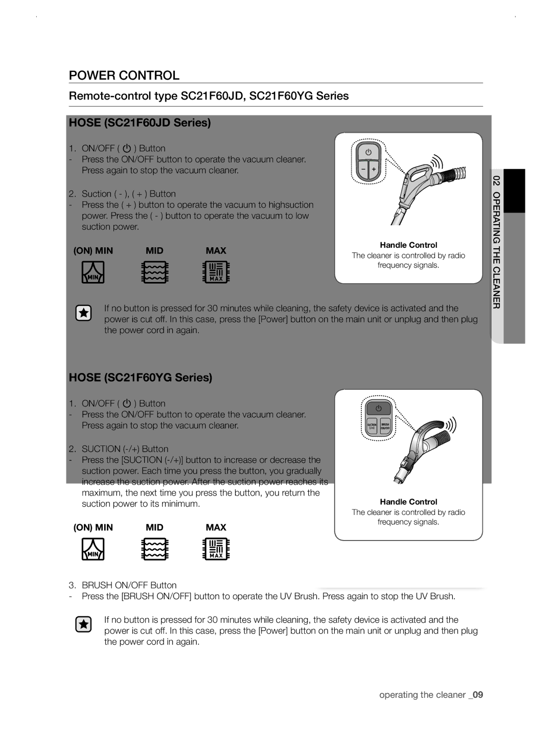 Samsung VC21F60WNAR/EE manual Power Control, Remote-control type SC21F60JD, SC21F60YG Series 