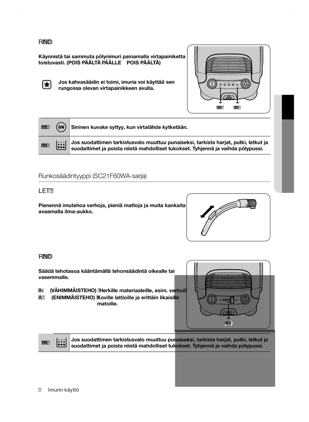 Samsung VC21F60WNAR/EE manual Runkosäädintyyppi SC21F60WA-sarja 