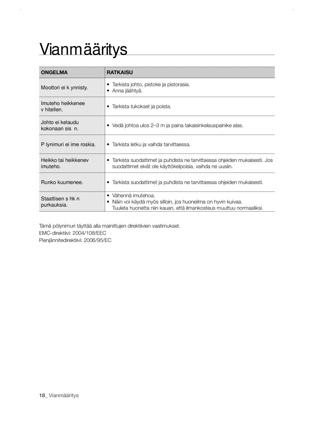 Samsung VC21F60WNAR/EE manual Vianmääritys, Ongelma Ratkaisu 