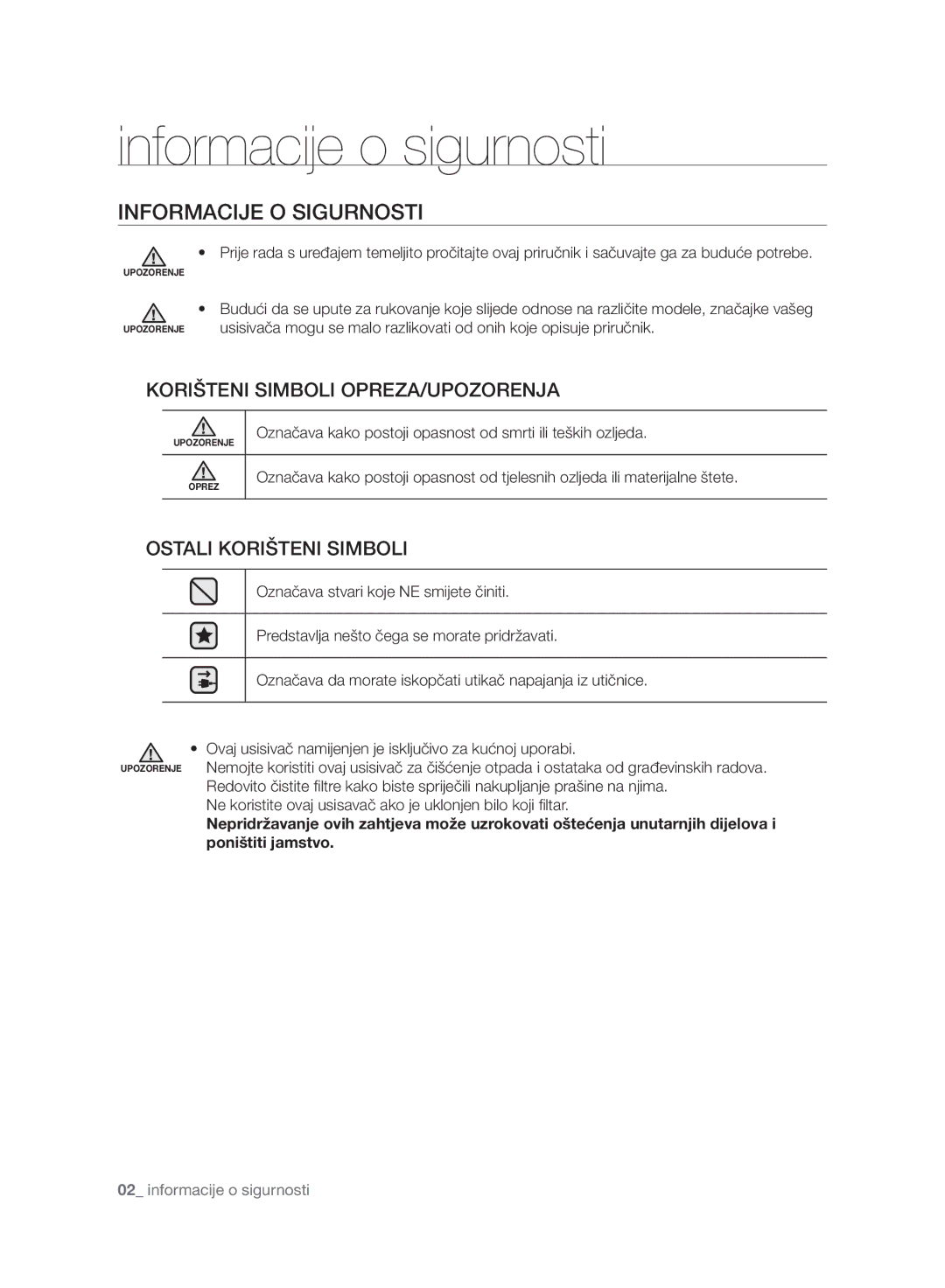 Samsung VC21F60WNAR/GE, VC21F60YKGC/GE, VC21F60YKGC/OL, VC21F60WNAR/OL Informacije o sigurnosti, Informacije O Sigurnosti 