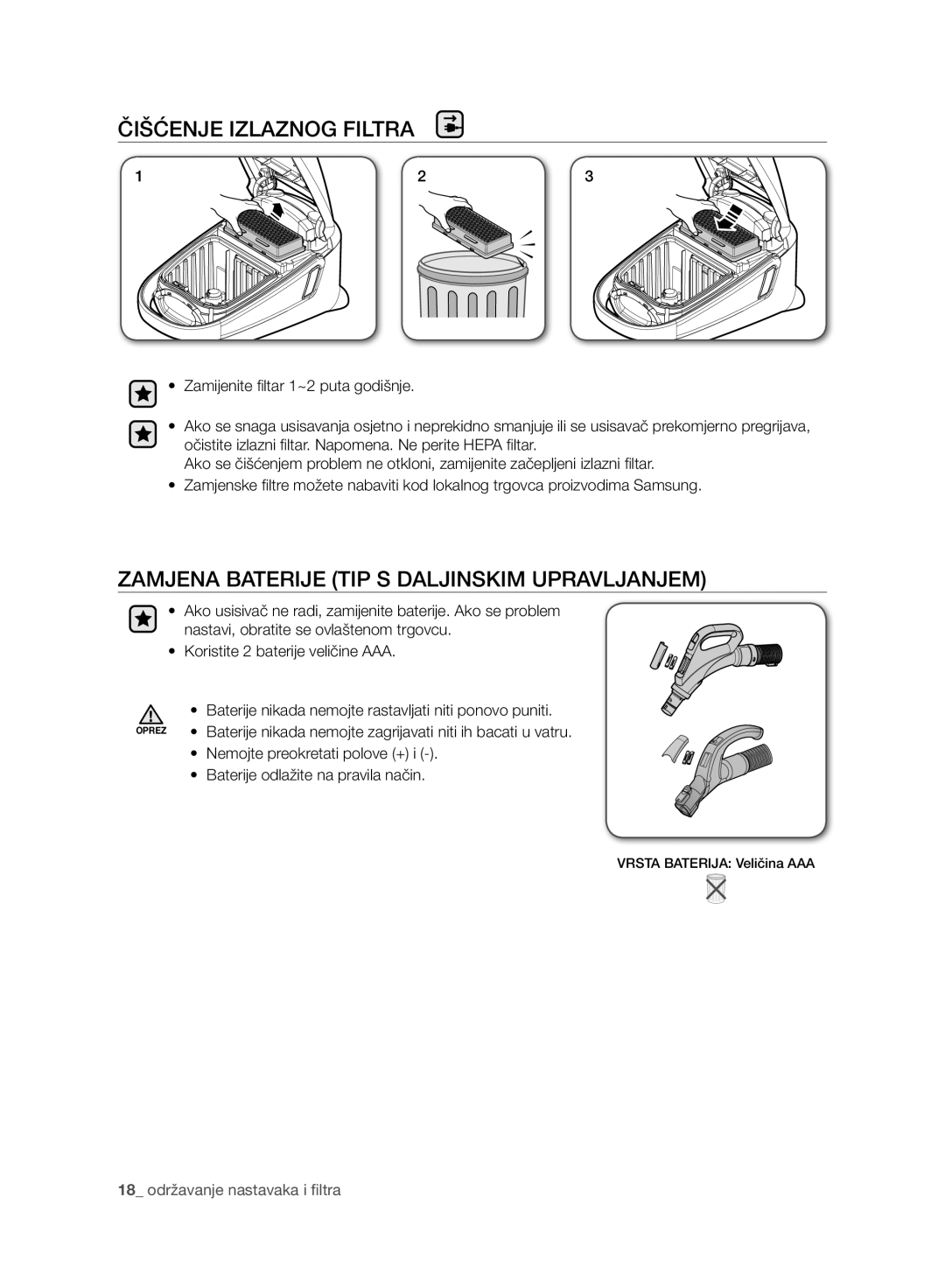 Samsung VC21F60WNAR/SW, VC21F60WNAR/GE manual Čišćenje Izlaznog Filtra, Zamjena Baterije TIP S Daljinskim Upravljanjem 