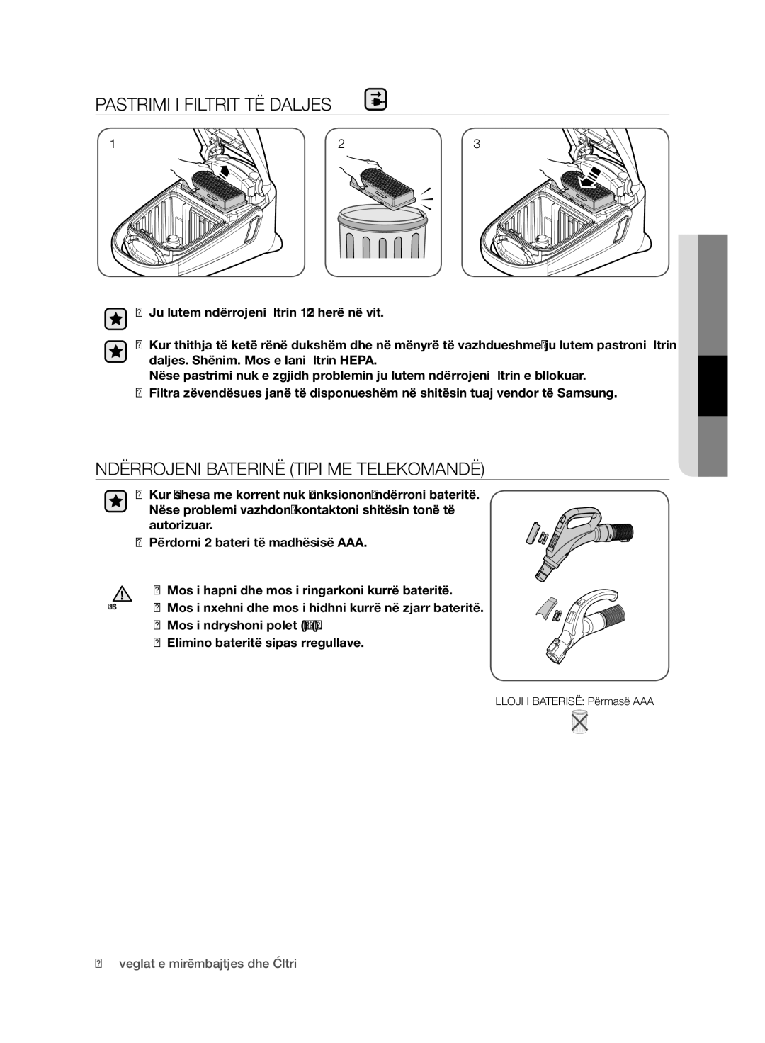 Samsung VC21F60WNAR/GE, VC21F60YKGC/GE manual Pastrimi I Filtrit TË Daljes, Ndërrojeni Baterinë Tipi ME Telekomandë 