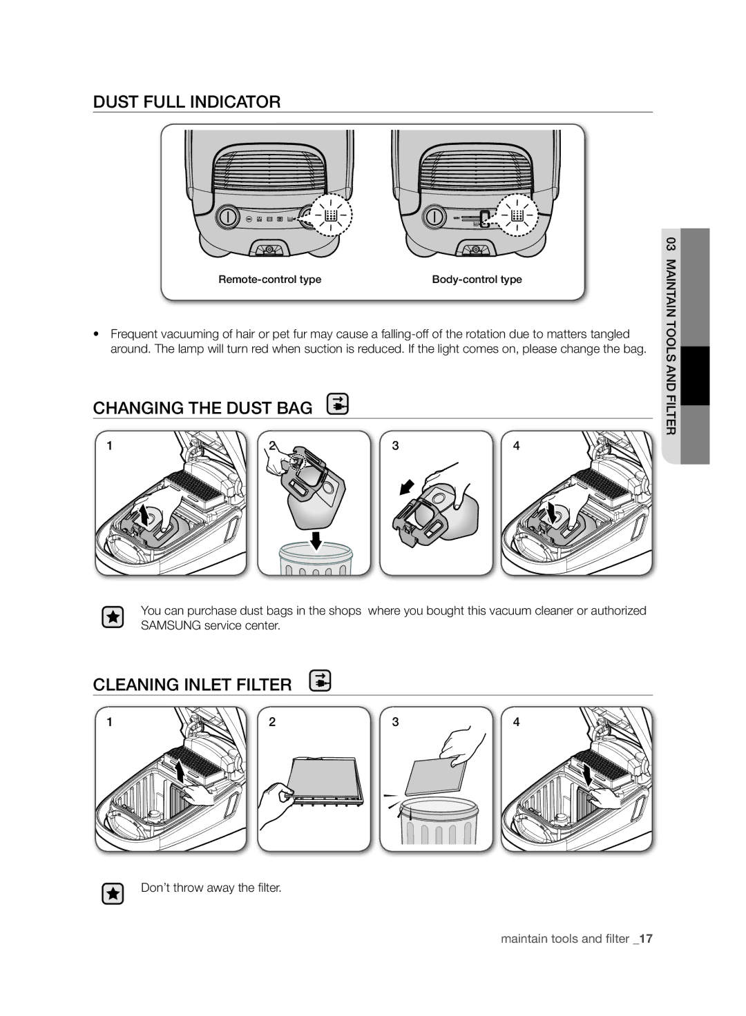 Samsung VC21F60WNAR/EH, VC21F60WNAR/GE, VC21F60YKGC/GE Dust Full Indicator, Changing the Dust BAG, Cleaning Inlet Filter 