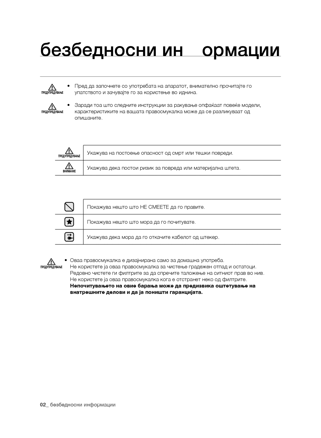 Samsung VC21F60WNAR/GE, VC21F60YKGC/GE, VC21F60YKGC/OL, VC21F60WNAR/OL manual Безбедносни информации, Безбедносни Информации 