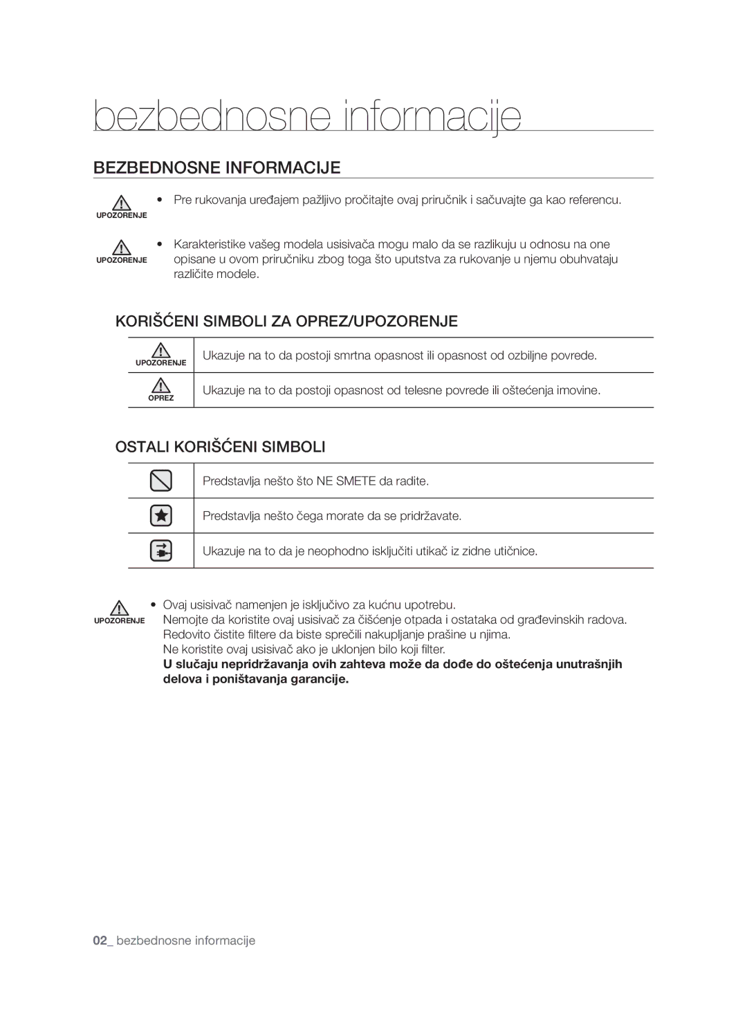 Samsung VC21F60YKGC/OL, VC21F60WNAR/GE, VC21F60YKGC/GE, VC21F60WNAR/OL manual Bezbednosne informacije, Bezbednosne Informacije 