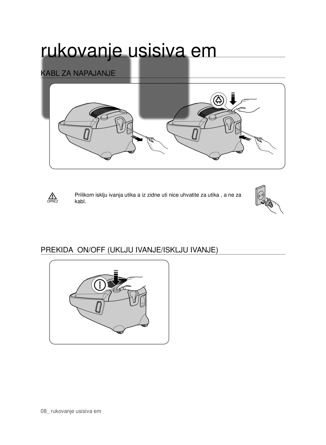 Samsung VC21F60YKGC/OL, VC21F60WNAR/GE Rukovanje usisivačem, Kabl ZA Napajanje, Prekidač ON/OFF UKLJUČIVANJE/ISKLJUČIVANJE 