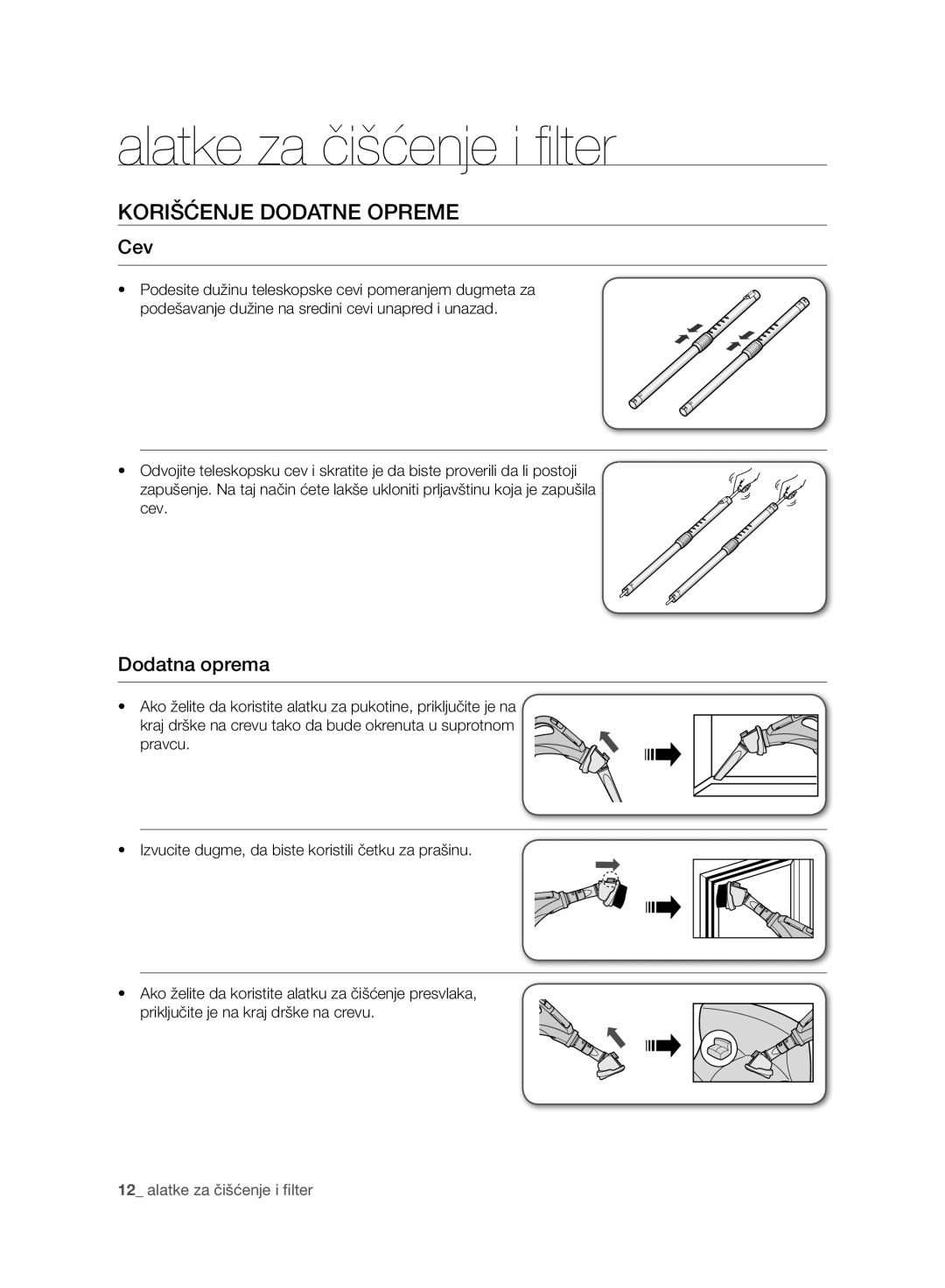 Samsung VC21F60WNAR/GE, VC21F60YKGC/GE manual Alatke za čišćenje i filter, Korišćenje Dodatne Opreme, Cev, Dodatna oprema 