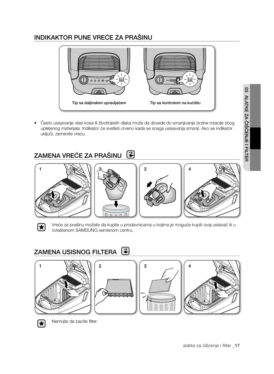 Samsung VC21F60WNAR/EH, VC21F60WNAR/GE Indikaktor Pune Vreće ZA Prašinu, Zamena Vreće ZA Prašinu, Zamena Usisnog Filtera 