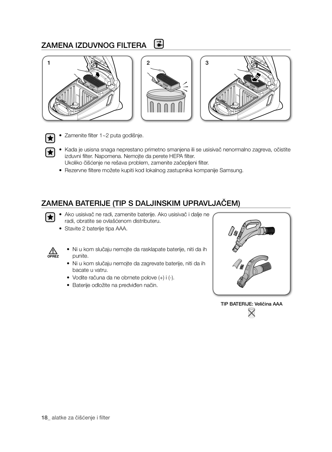 Samsung VC21F60WNAR/GE, VC21F60YKGC/GE manual Zamena Izduvnog Filtera, Zamena Baterije TIP S Daljinskim Upravljačem 