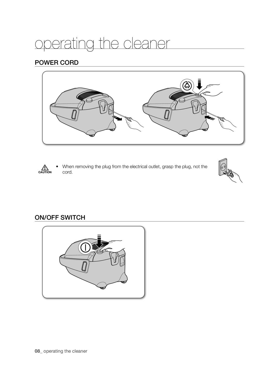 Samsung VC21F60YKGC/OL, VC21F60WNAR/GE, VC21F60YKGC/GE, VC21F60WNAR/OL manual Operating the cleaner, Power Cord, ON/OFF Switch 