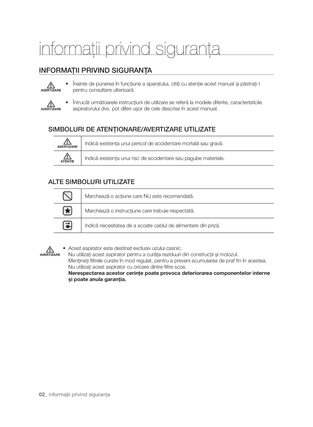 Samsung VC21F60WNAR/SW, VC21F60WNAR/GE, VC21F60YKGC/GE manual Informaţii privind siguranţa, Informaţii Privind Siguranţa 