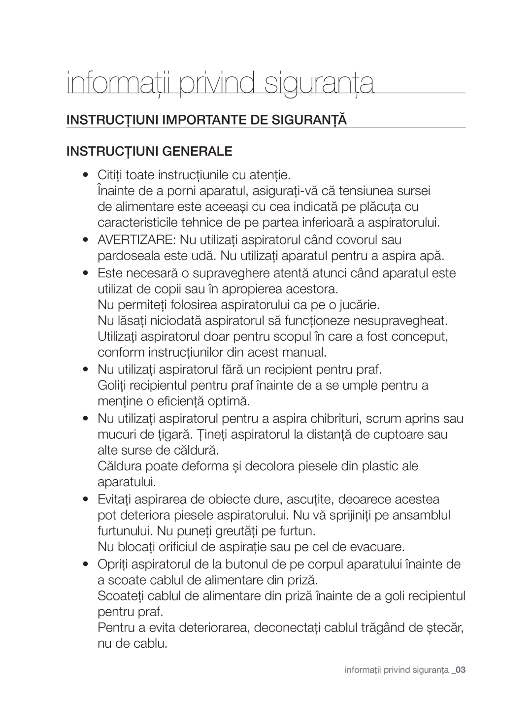 Samsung VC21F60WNAR/EH Instrucţiuni Importante DE Siguranţă Instrucţiuni Generale, Citiţi toate instrucţiunile cu atenţie 