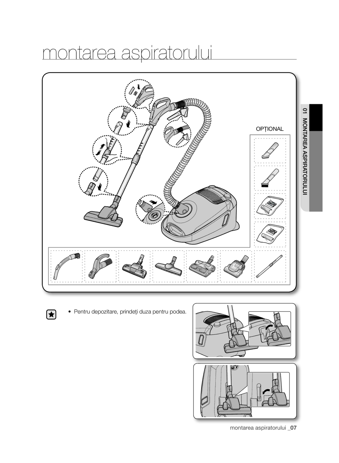 Samsung VC21F60WNAR/OL, VC21F60WNAR/GE, VC21F60YKGC/GE, VC21F60YKGC/OL, VC21F60WNAR/SW manual Montarea aspiratorului, Opţional 