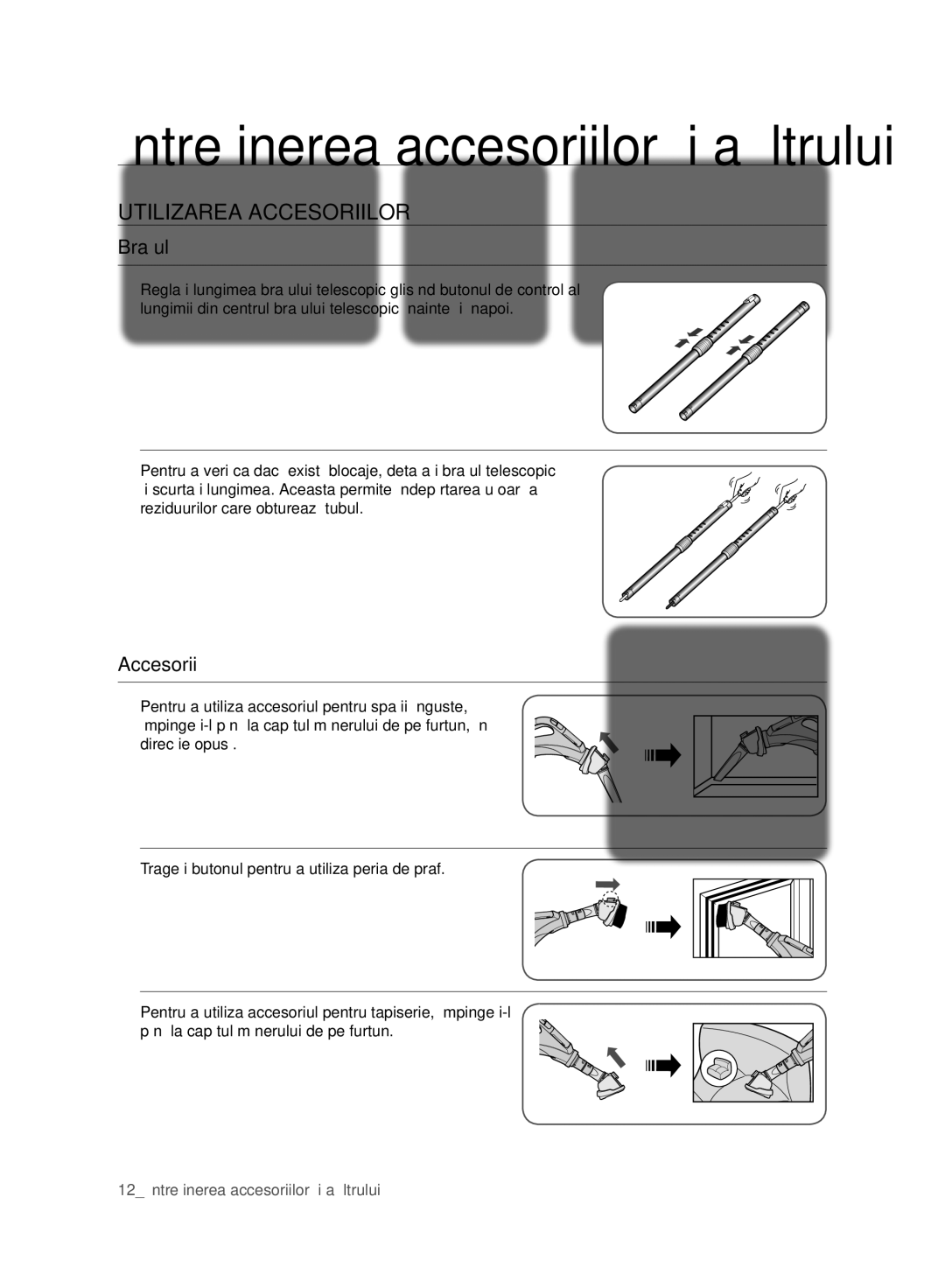 Samsung VC21F60YKGC/OL, VC21F60WNAR/GE, VC21F60YKGC/GE, VC21F60WNAR/OL, VC21F60WNAR/SW manual Utilizarea Accesoriilor, Braţul 