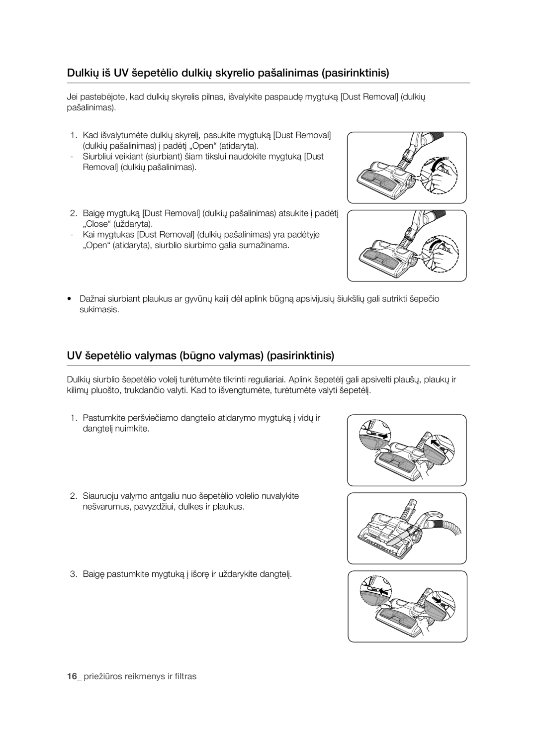 Samsung VC08F60JUVB/SB, VC21F60WNAR/SB, VC08F60WNUR/SB, VC07F60WNUR/SB manual UV šepetėlio valymas būgno valymas pasirinktinis 