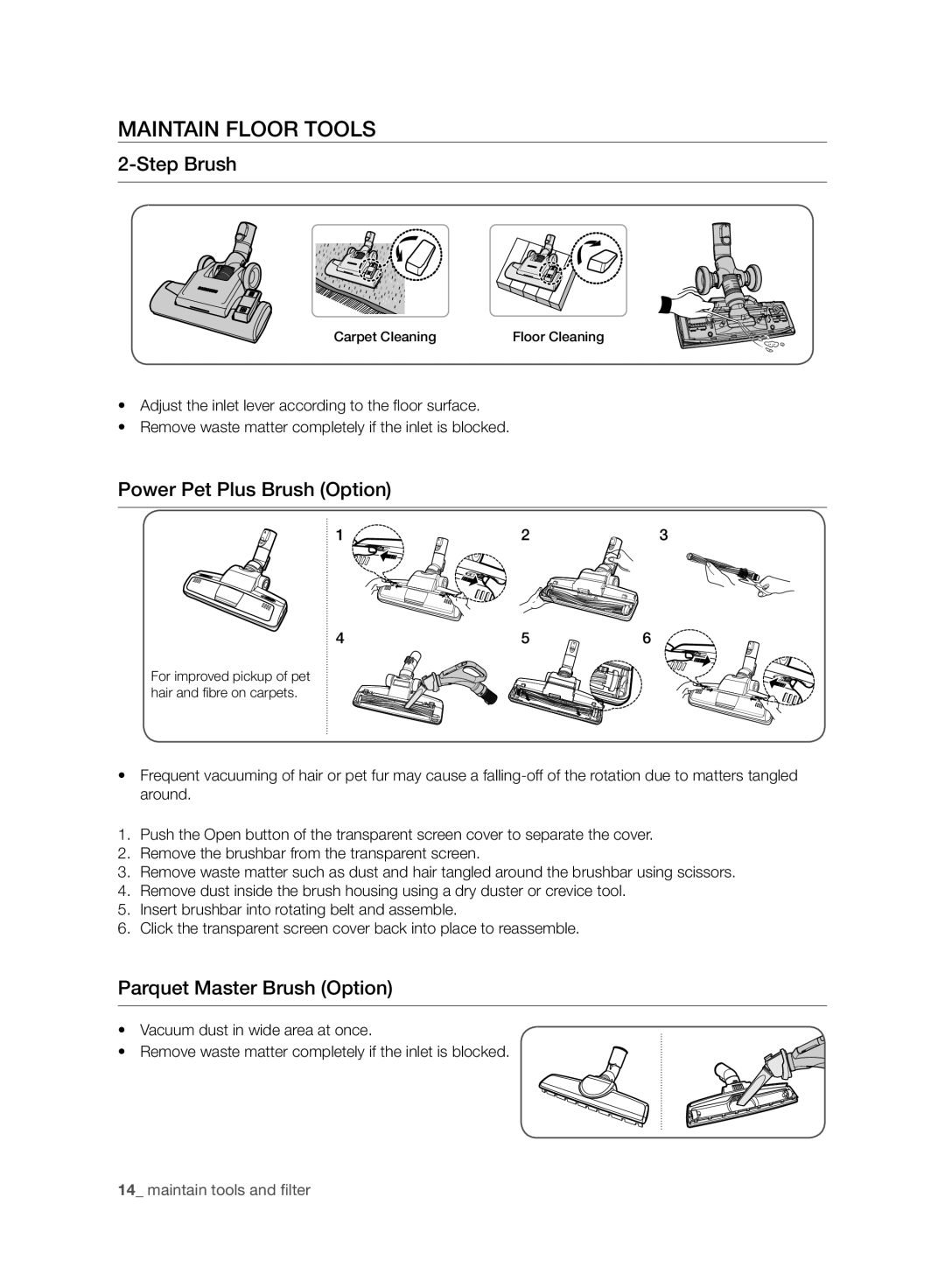 Samsung VC08F60JUVB/SB manual Maintain Floor Tools, Step Brush, Power Pet Plus Brush Option, Parquet Master Brush Option 