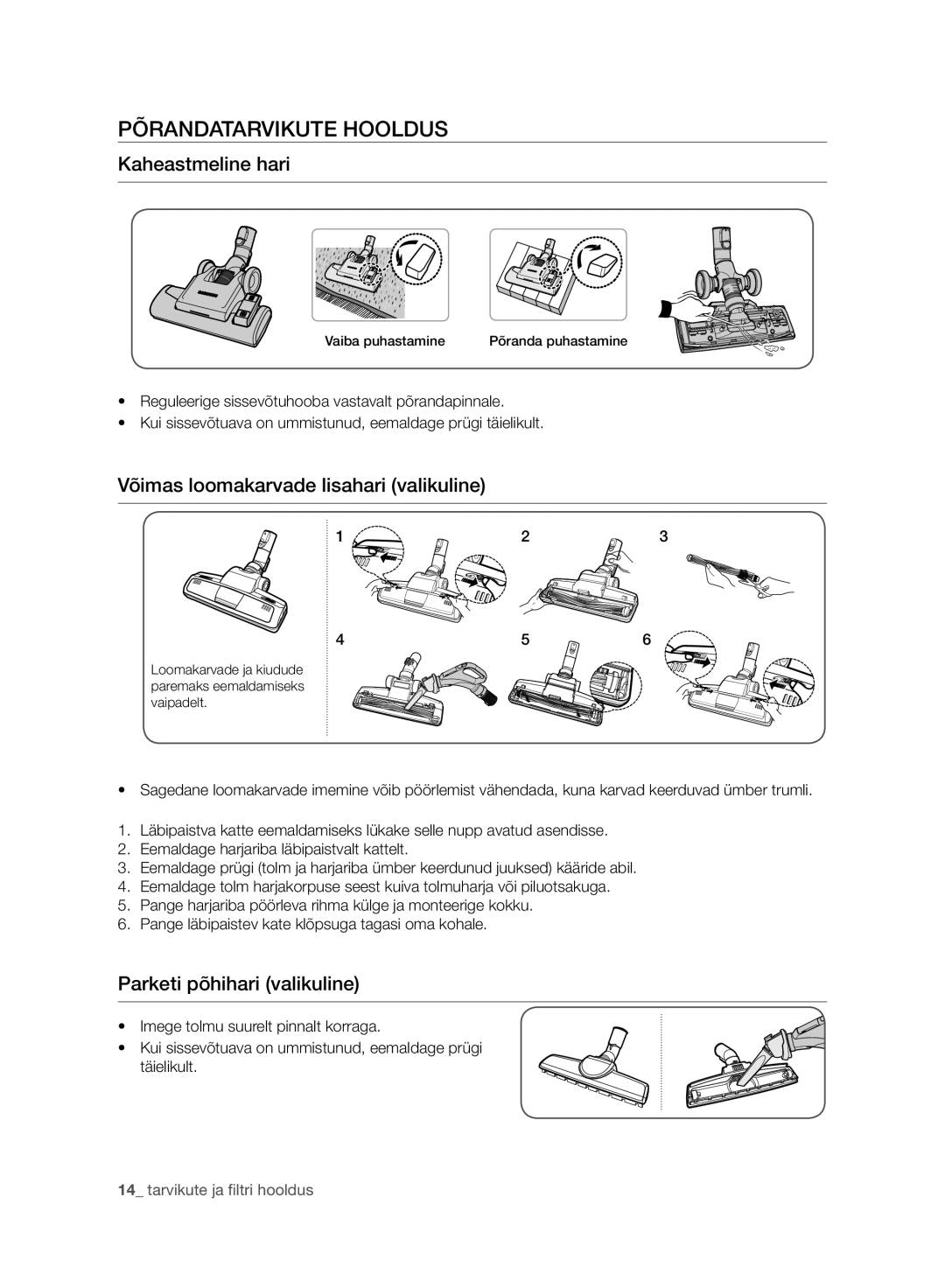 Samsung VC07F60JUVB/SB manual Põrandatarvikute Hooldus, Kaheastmeline hari, Võimas loomakarvade lisahari valikuline 