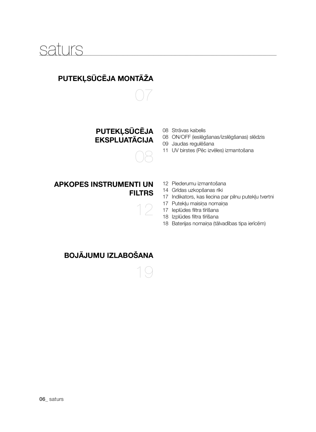 Samsung VC21F60WNAR/SB, VC08F60WNUR/SB, VC08F60JUVB/SB, VC07F60WNUR/SB, VC07F60JUVB/SB manual Saturs, Bojājumu Izlabošana 