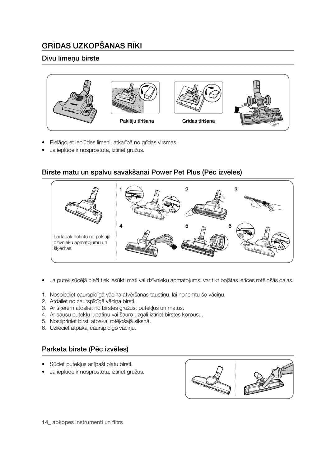 Samsung VC08F60JUVB/SB, VC21F60WNAR/SB manual Grīdas Uzkopšanas Rīki, Divu līmeņu birste, Parketa birste Pēc izvēles 