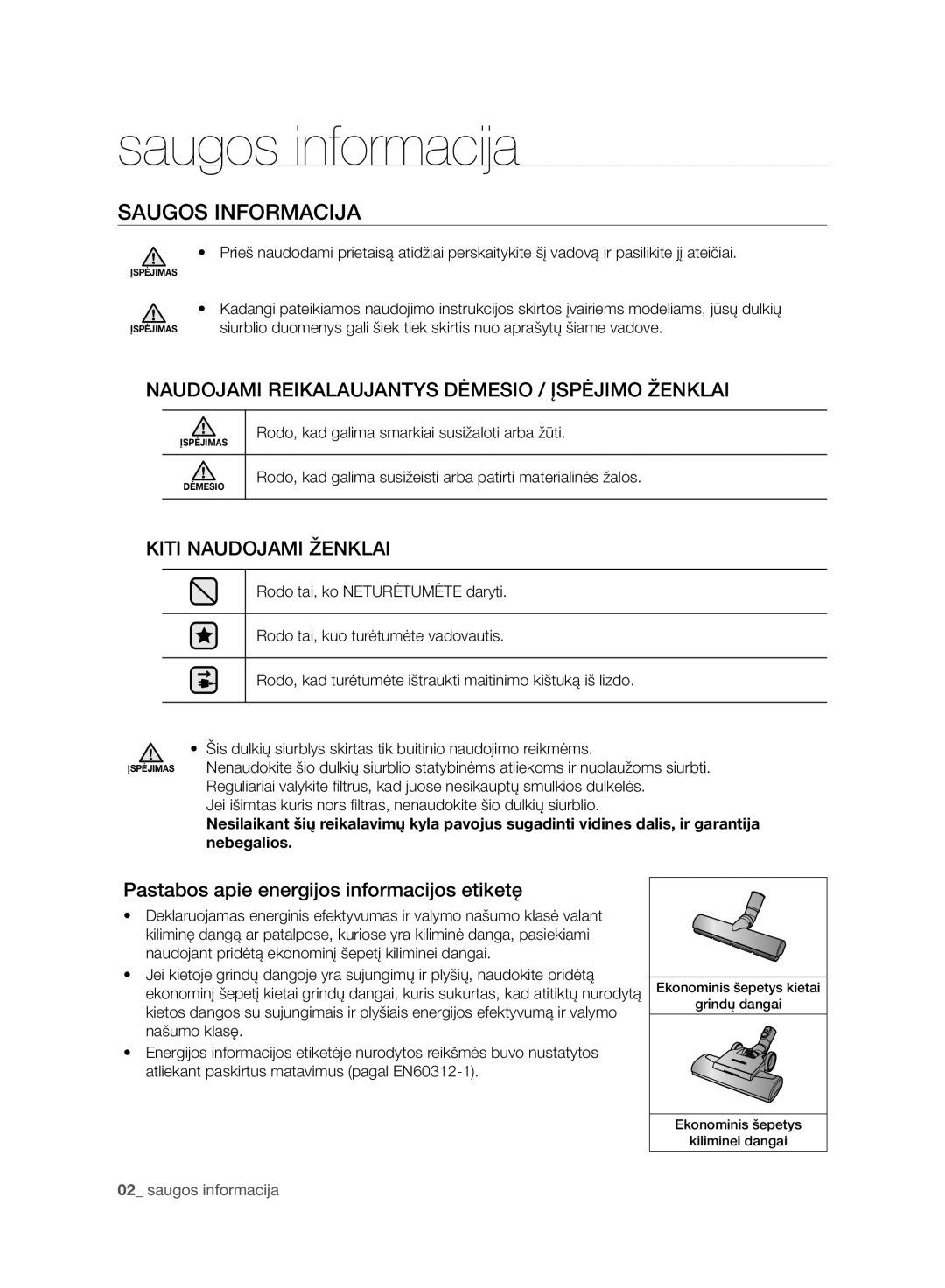 Samsung VC21F60WNAR/SB manual Saugos informacija, Saugos Informacija, Pastabos apie energijos informacijos etiketę 