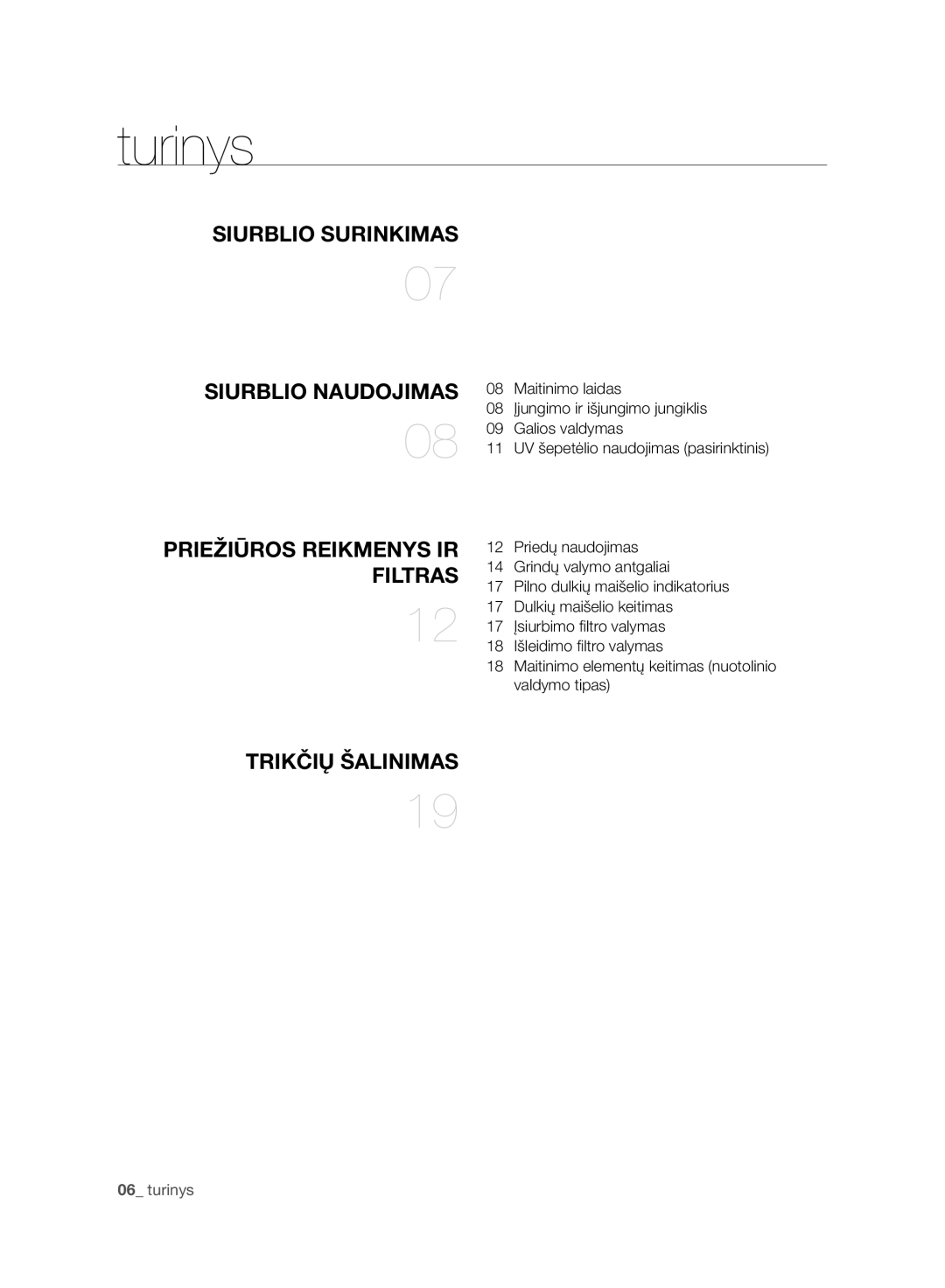 Samsung VC07F60JUVB/SB, VC21F60WNAR/SB, VC08F60WNUR/SB, VC08F60JUVB/SB, VC07F60WNUR/SB manual Turinys, Trikčių Šalinimas 