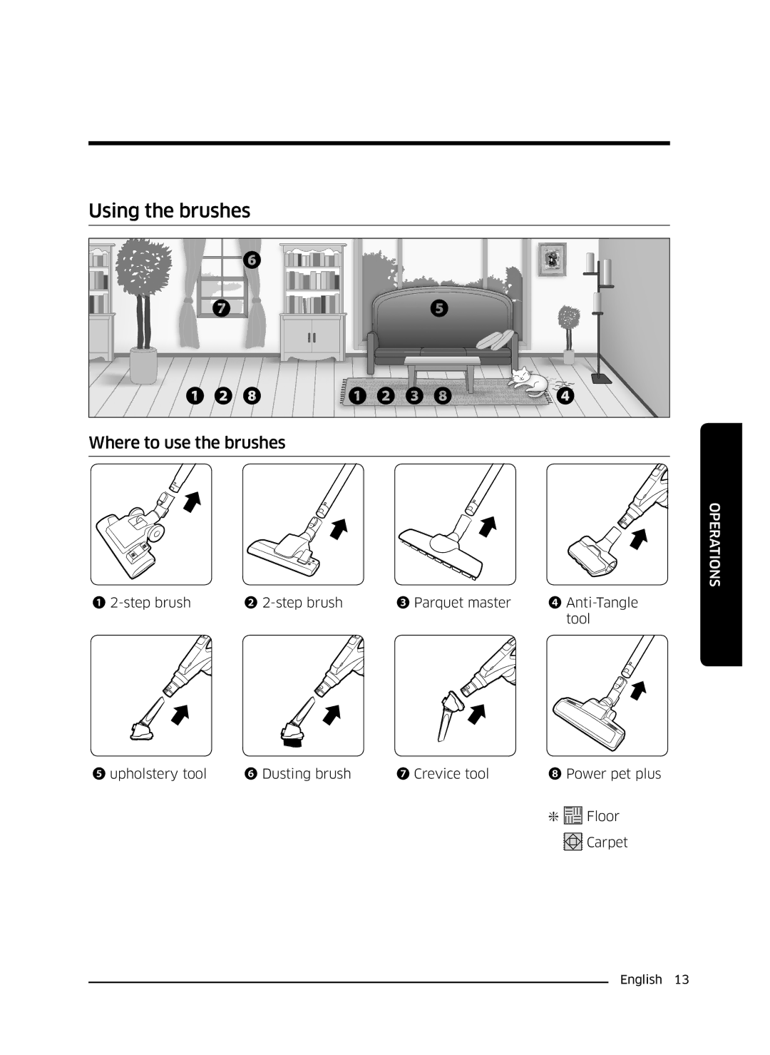 Samsung VC21K5155HP/ML, VC21K5135VB/ML manual Using the brushes, ❶ ❷ ❽ ❶ ❷ ❸ ❽ 