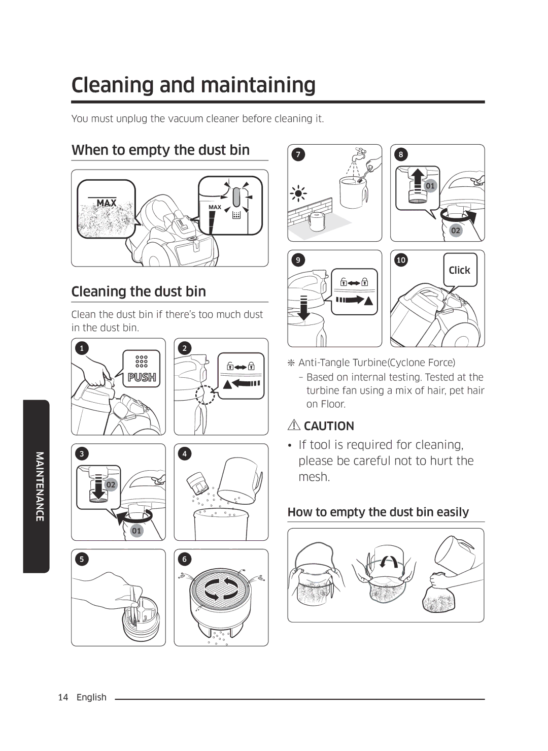 Samsung VC21K5135VB/ML, VC21K5155HP/ML manual Cleaning and maintaining, When to empty the dust bin, Cleaning the dust bin 