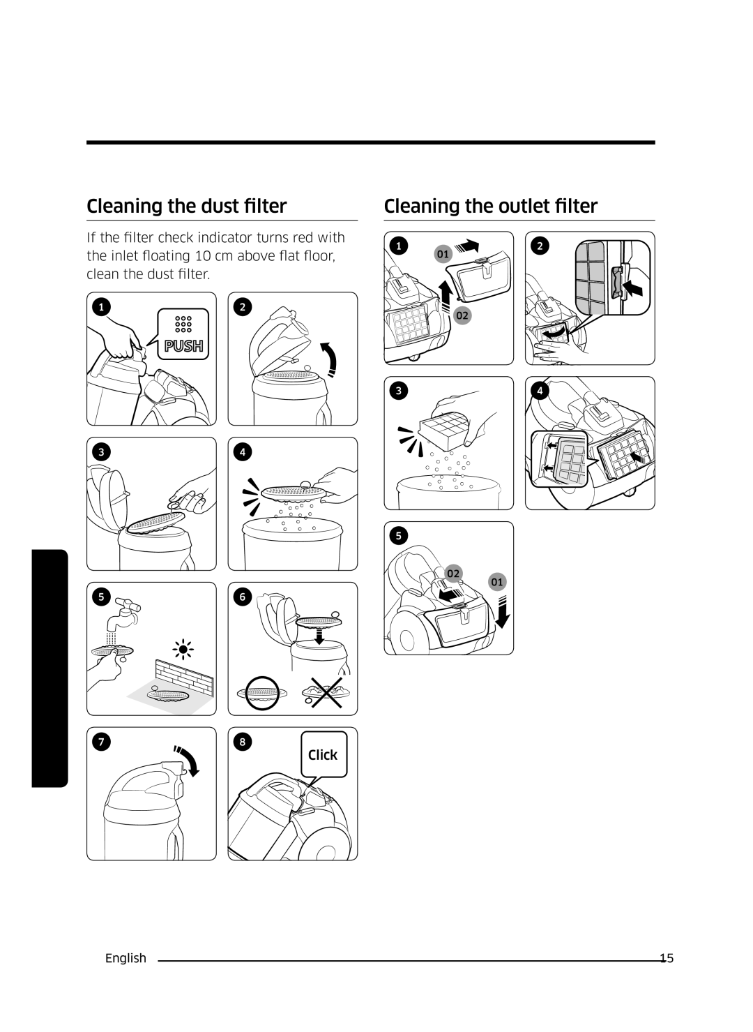 Samsung VC21K5155HP/ML, VC21K5135VB/ML manual Cleaning the dust filter, Cleaning the outlet filter 