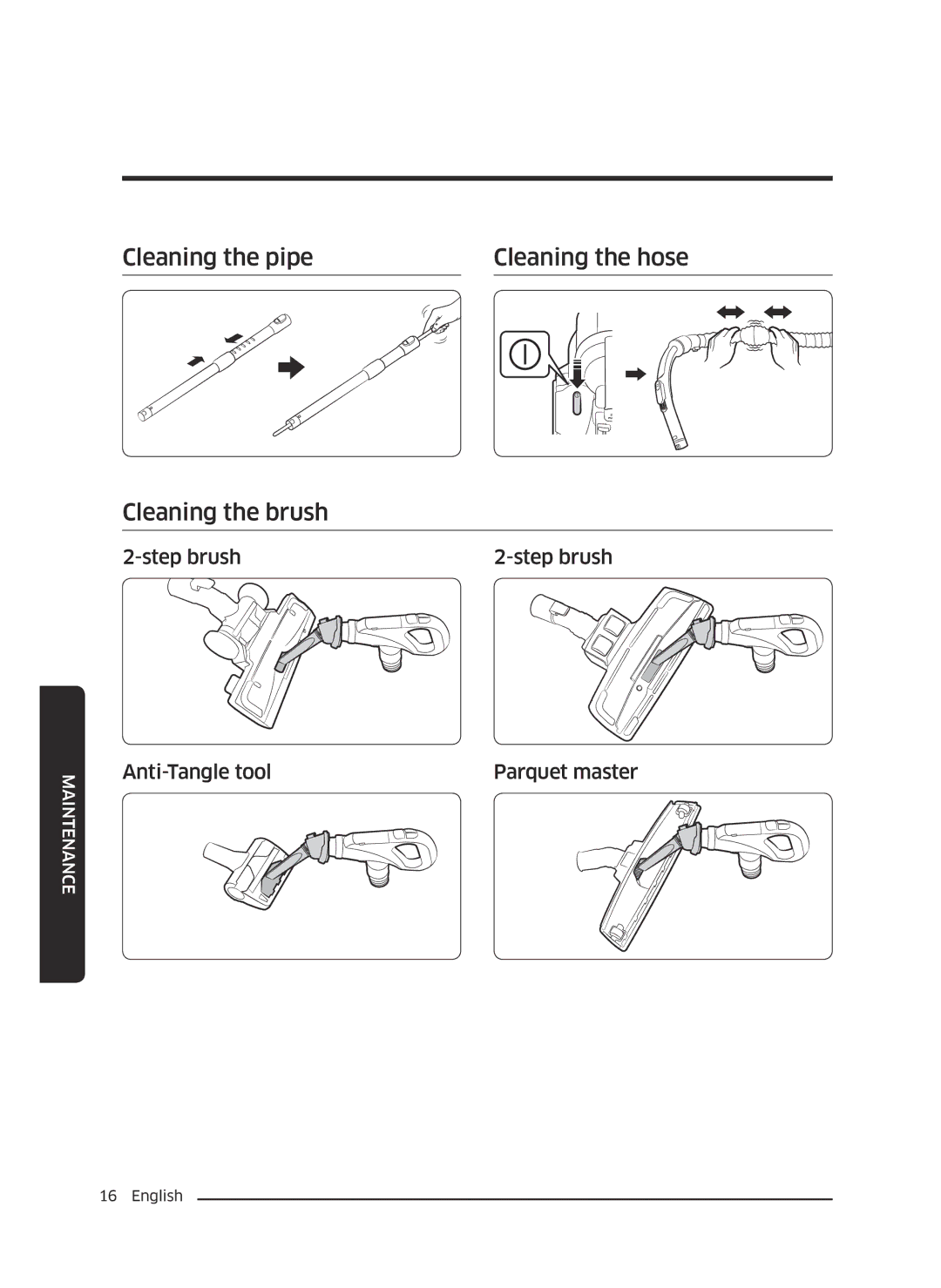 Samsung VC21K5135VB/ML, VC21K5155HP/ML manual Cleaning the pipe Cleaning the hose Cleaning the brush 