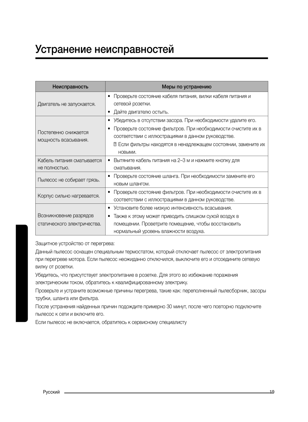 Samsung VC21K5136VB/EV, VC21K5170HG/EV, VC21K5130VB/EV, VC21K5150HP/EV manual Устранение неисправностей 