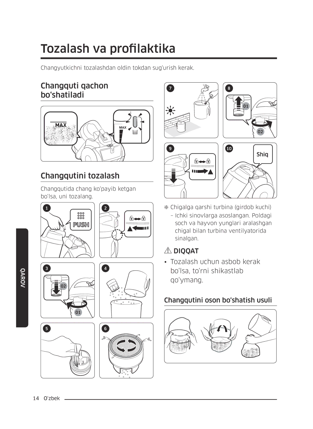 Samsung VC21K5170HG/EV, VC21K5130VB/EV manual Tozalash va profilaktika, Changquti qachon bo‘shatiladi, Changqutini tozalash 