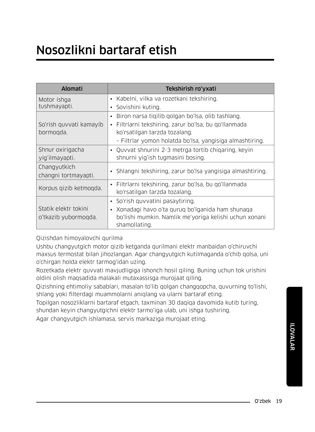 Samsung VC21K5130VB/EV, VC21K5170HG/EV, VC21K5150HP/EV, VC21K5136VB/EV manual Nosozlikni bartaraf etish 