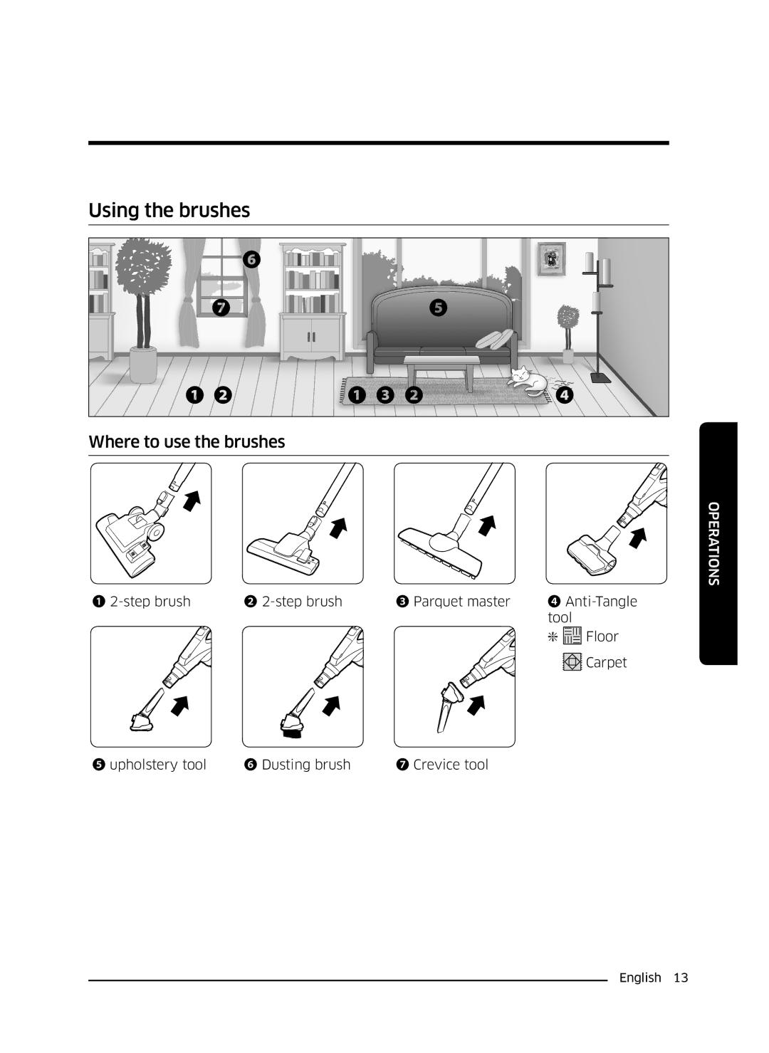 Samsung VC21K5130VB/EV, VC21K5170HG/EV manual Using the brushes, ❶ ❷ ❶ ❸ ❷ 