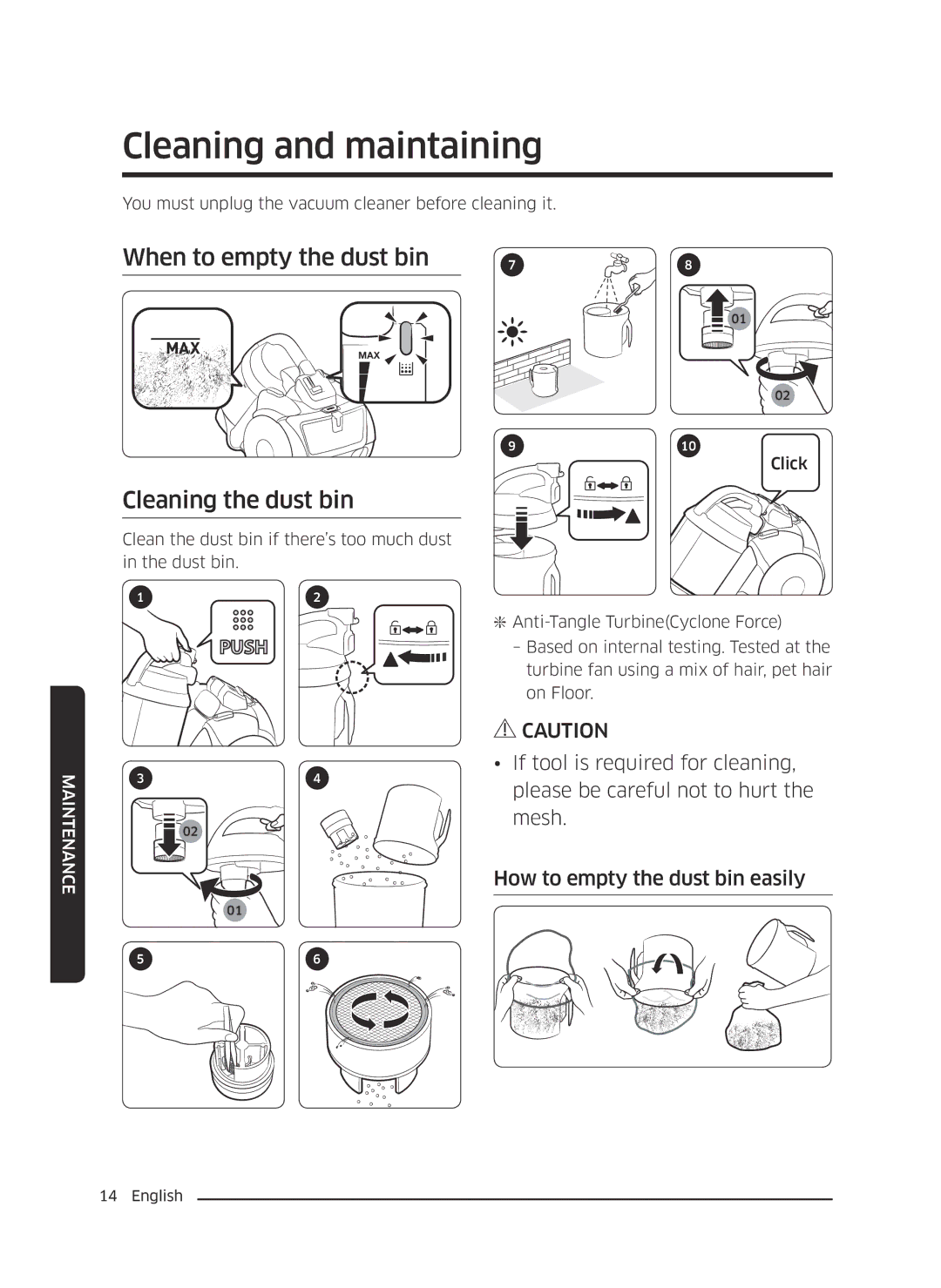 Samsung VC21K5170HG/EV, VC21K5130VB/EV manual Cleaning and maintaining, When to empty the dust bin, Cleaning the dust bin 