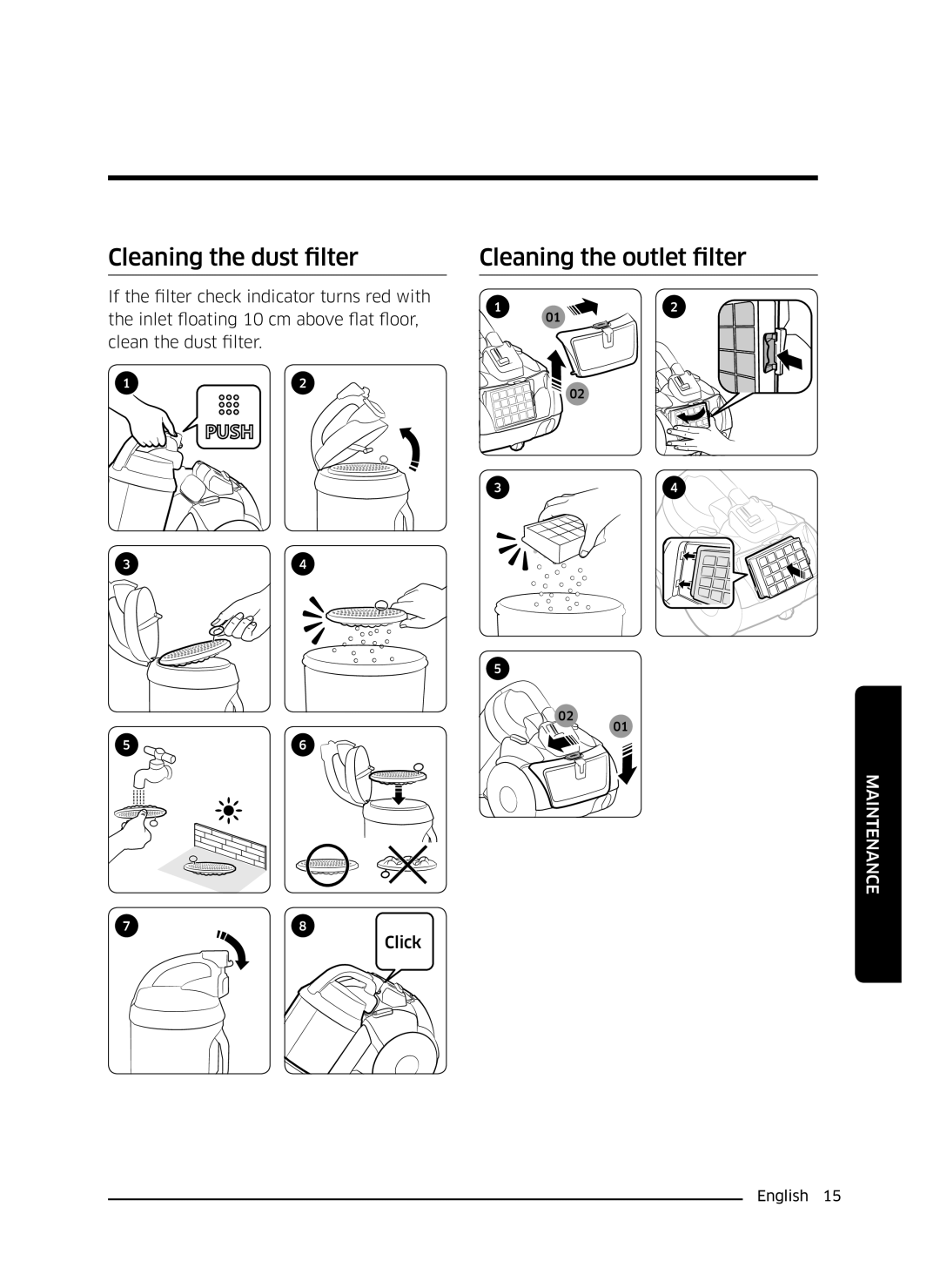 Samsung VC21K5130VB/EV, VC21K5170HG/EV manual Cleaning the dust filter, Cleaning the outlet filter 