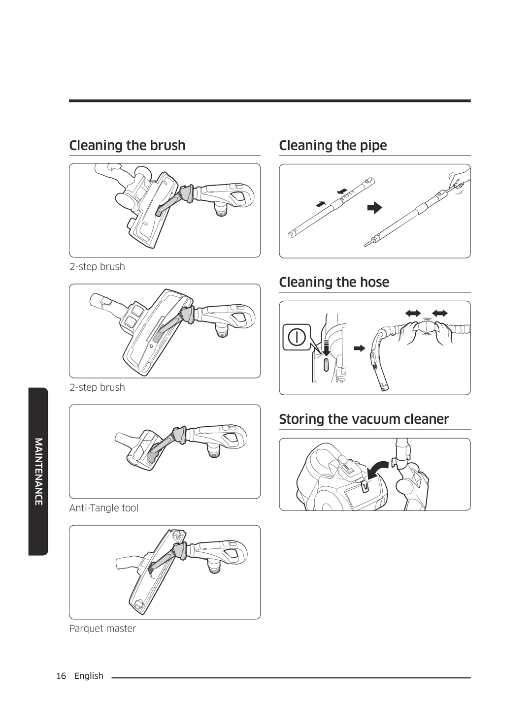 Samsung VC21K5170HG/EV, VC21K5130VB/EV Cleaning the brush Cleaning the pipe, Cleaning the hose, Storing the vacuum cleaner 