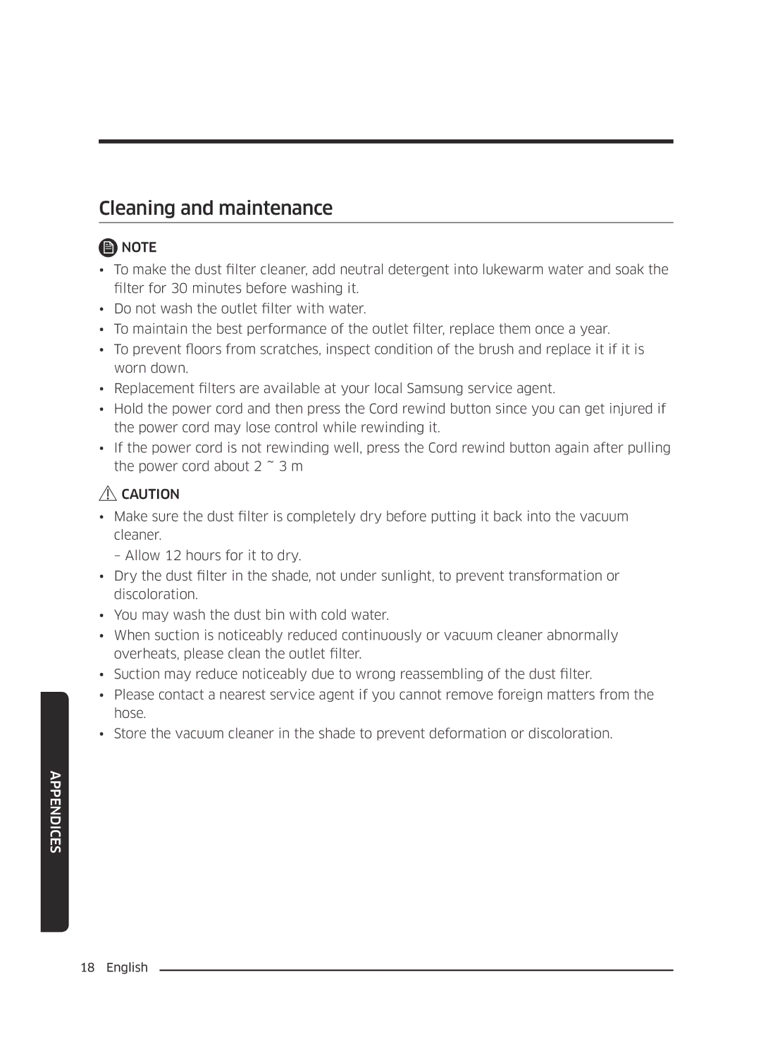 Samsung VC21K5170HG/EV, VC21K5130VB/EV manual Cleaning and maintenance 