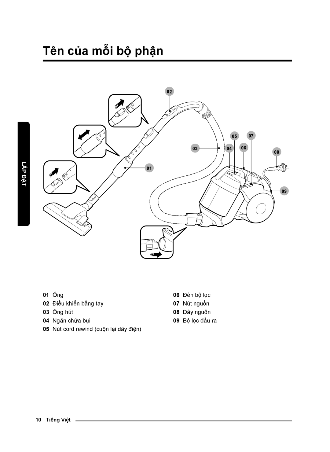 Samsung VC21K5170HG/EV, VC21K5130VB/EV manual Tên của mỗi bộ phận, Lắp đặt 