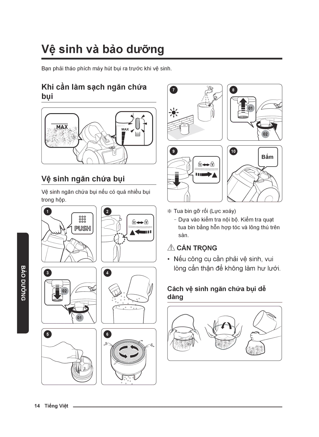 Samsung VC21K5170HG/EV, VC21K5130VB/EV manual Vệ sinh và bảo dưỡng, Khi cần làm sạch ngăn chứa bụi, Vệ sinh ngăn chứa bụi 