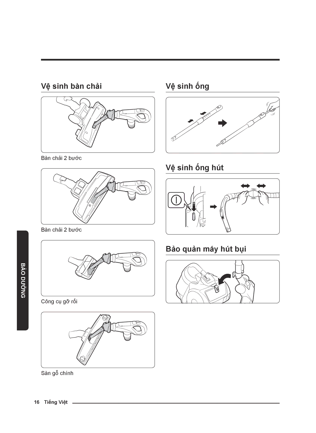 Samsung VC21K5170HG/EV, VC21K5130VB/EV manual Vệ sinh bàn chải Vệ sinh ống, Vệ sinh ống hút Bảo quản máy hút bụi 