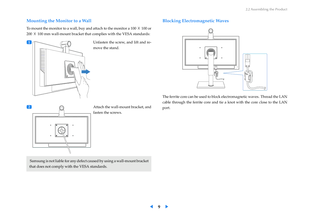 Samsung VC240 manual Mounting the Monitor to a Wall, Blocking Electromagnetic Waves 