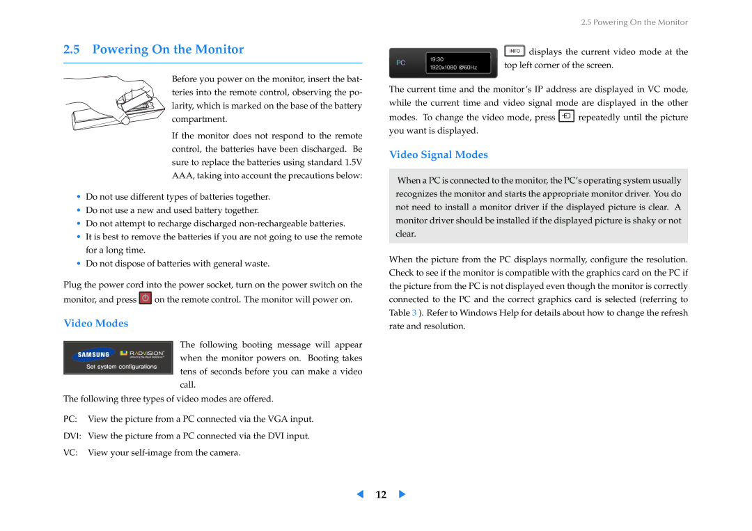 Samsung VC240 manual Powering On the Monitor, Video Modes, Video Signal Modes 