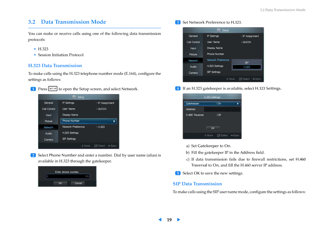 Samsung VC240 manual Data Transmission Mode, SIP Data Transmission 