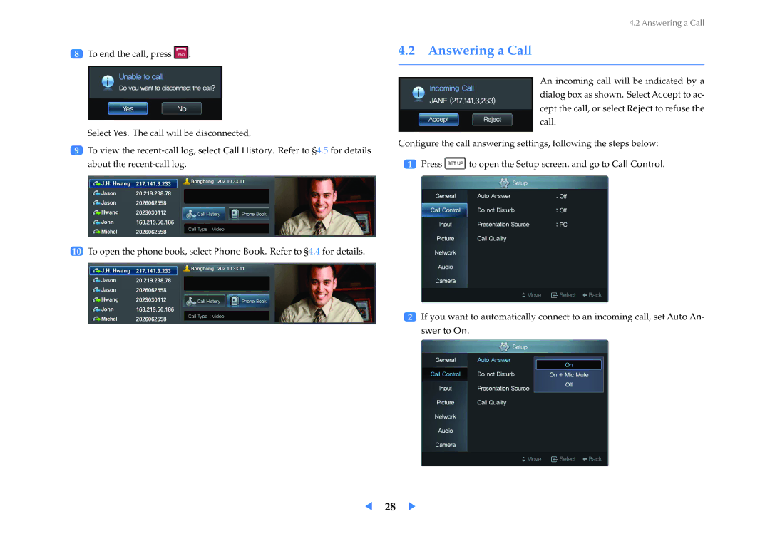 Samsung VC240 manual Answering a Call 