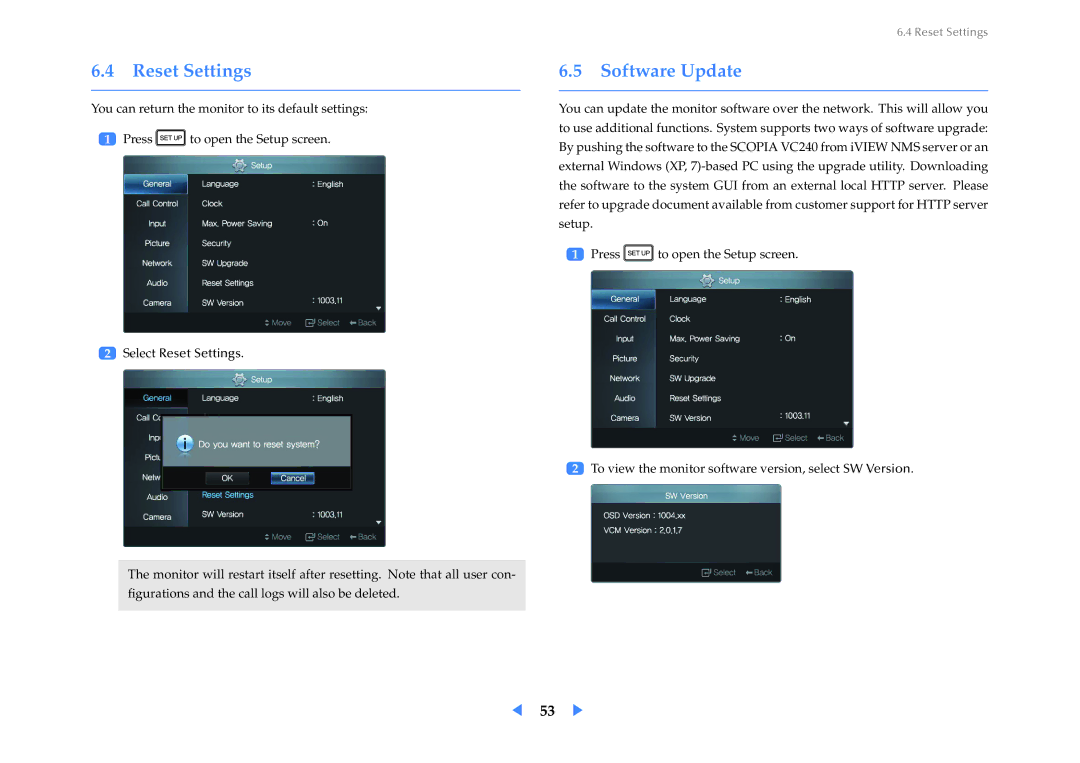 Samsung VC240 manual Reset Settings Software Update 