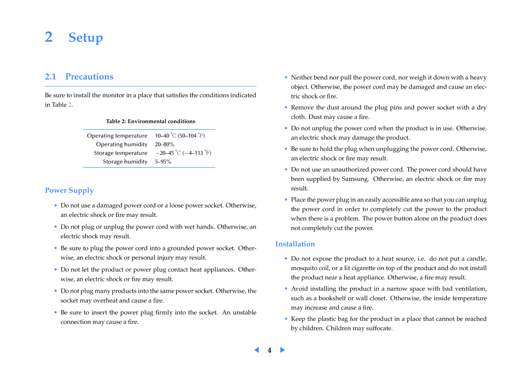 Samsung VC240 manual Setup, Precautions, Power Supply, Installation 