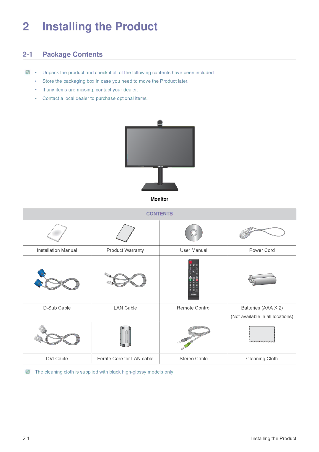 Samsung VC240 user manual Installing the Product, Package Contents 