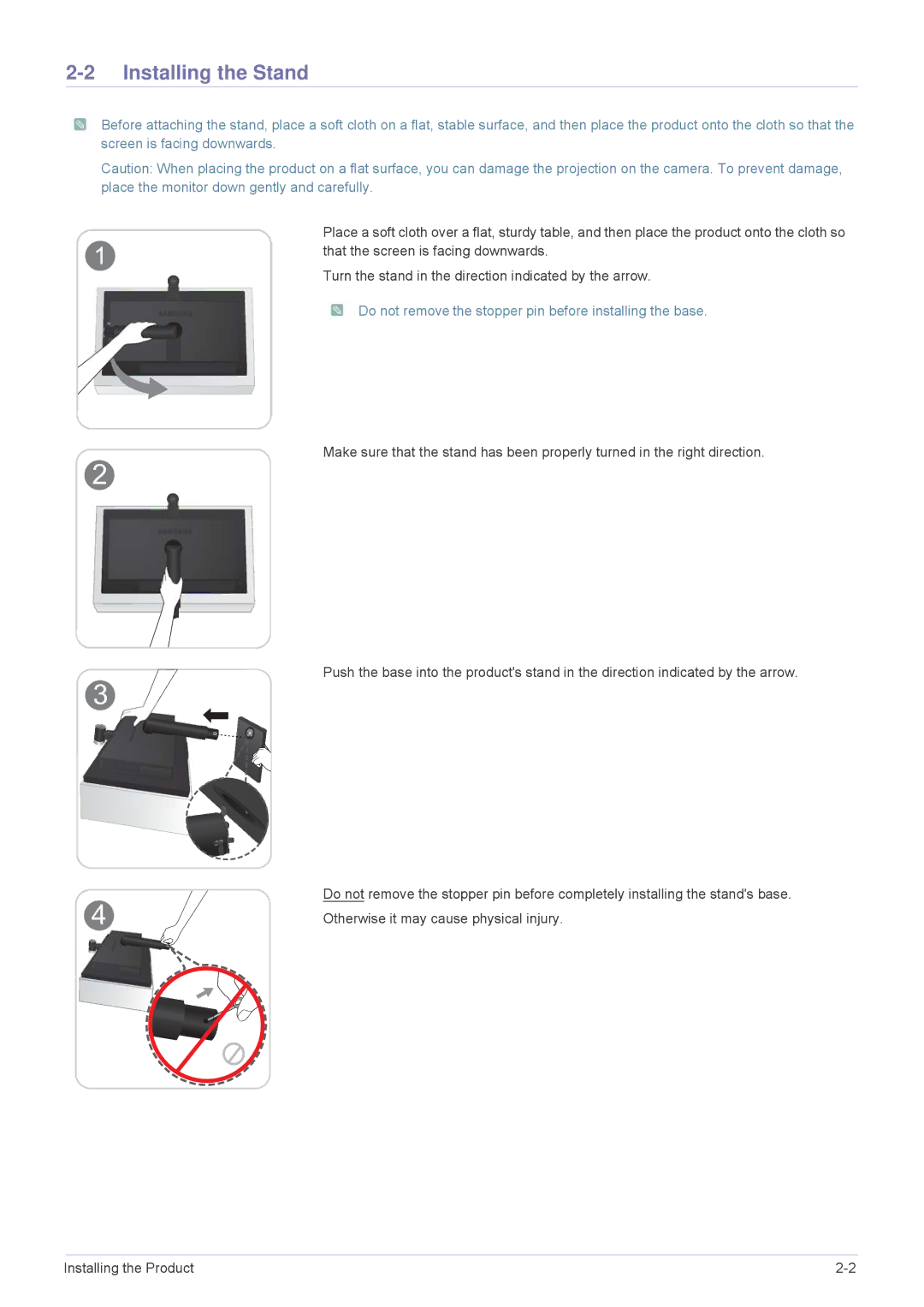 Samsung VC240 user manual Installing the Stand, Do not remove the stopper pin before installing the base 