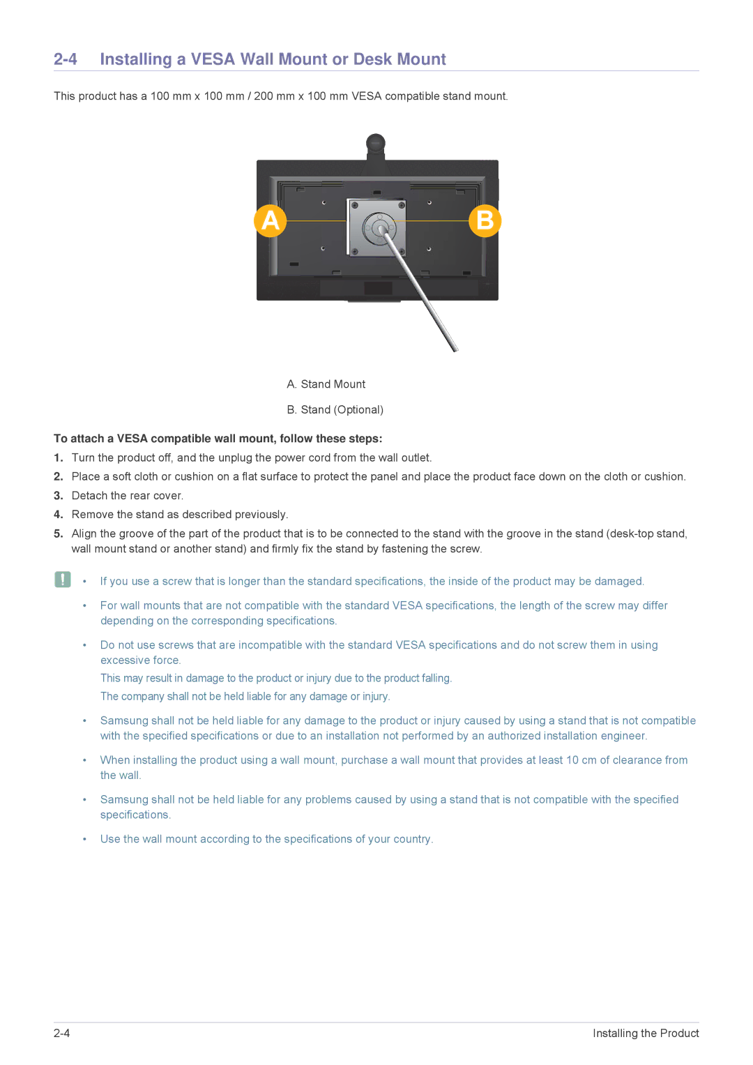 Samsung VC240 Installing a Vesa Wall Mount or Desk Mount, To attach a Vesa compatible wall mount, follow these steps 