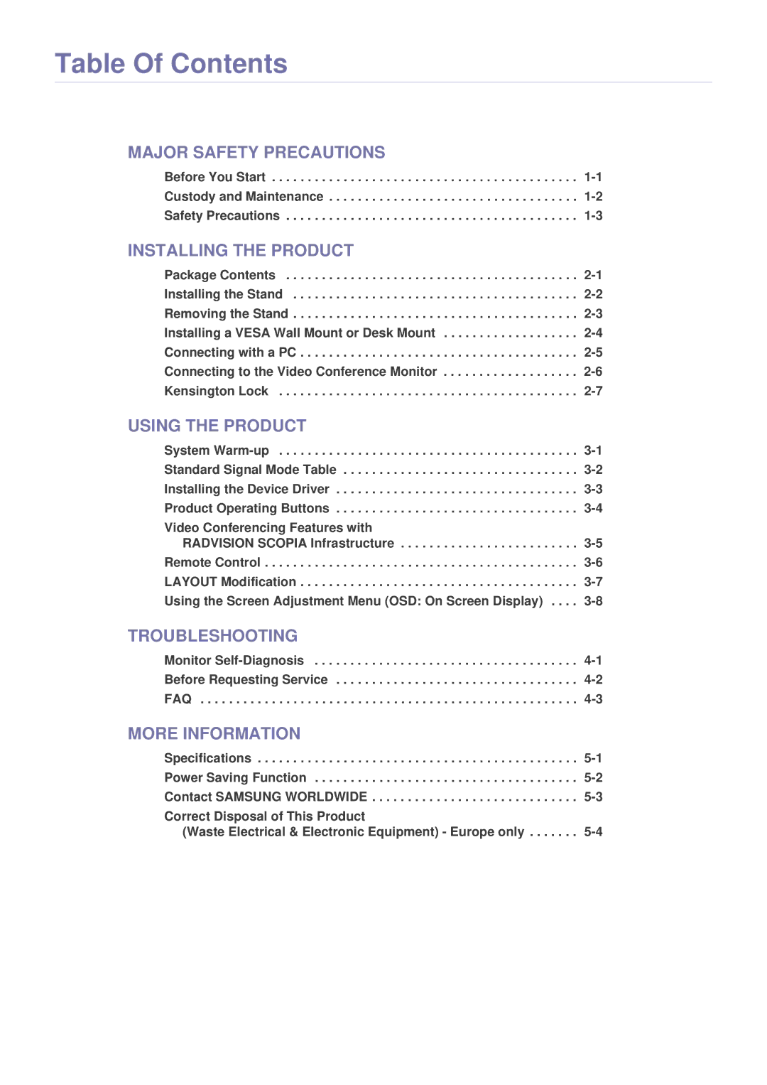 Samsung VC240 user manual Table Of Contents 